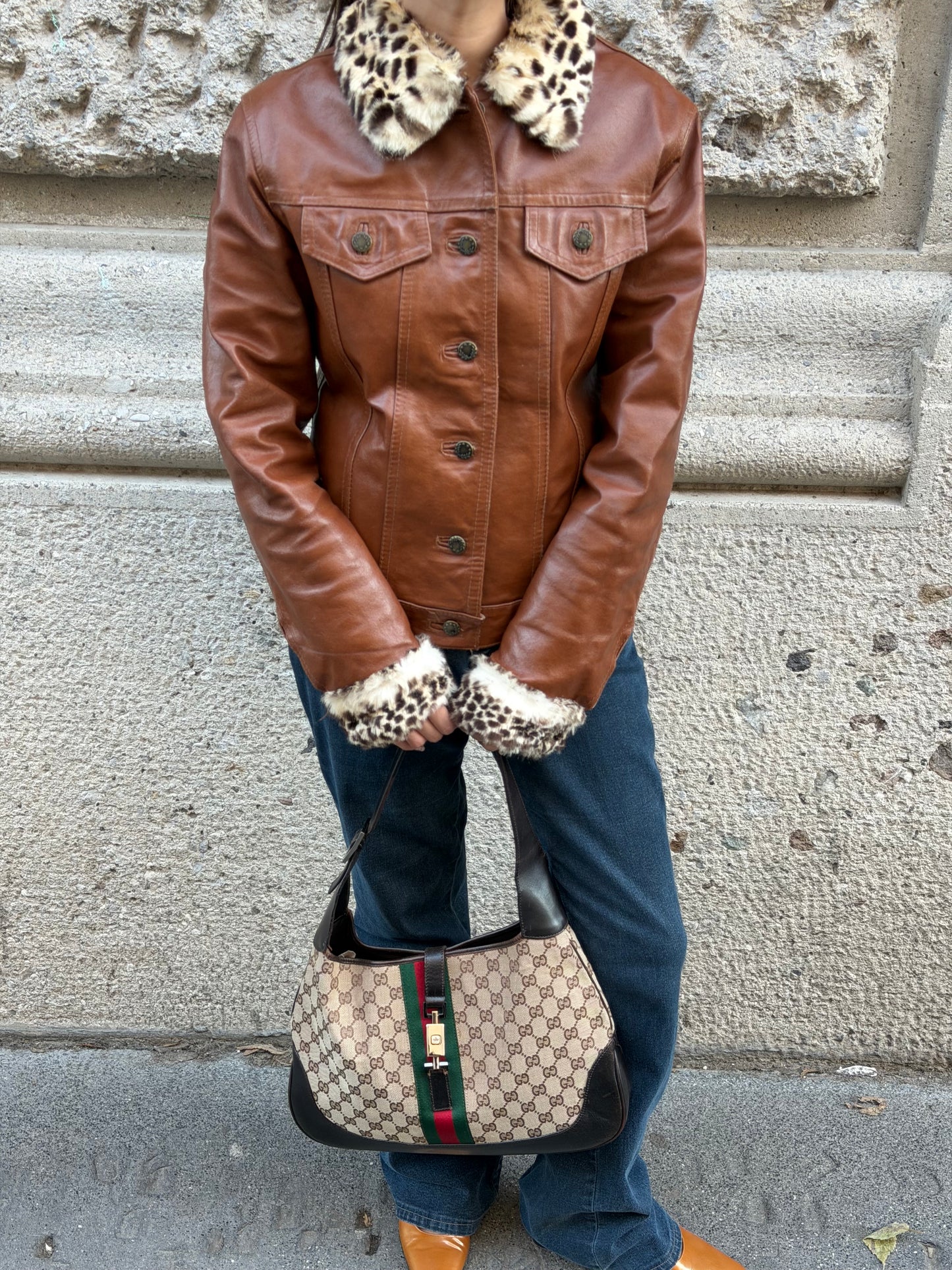 Caramel Leather Trucker Jacket With Fur Trims