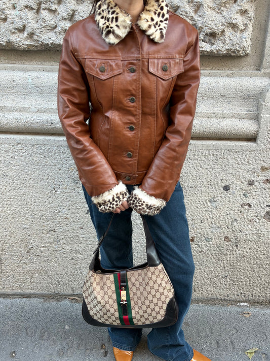 Caramel Leather Trucker Jacket With Fur Trims