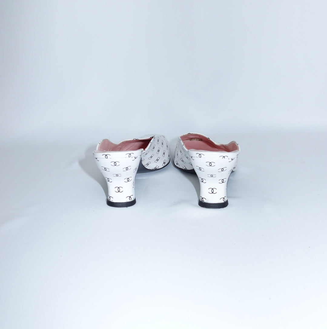 Chanel White Mule Heels With Mini Logos 38