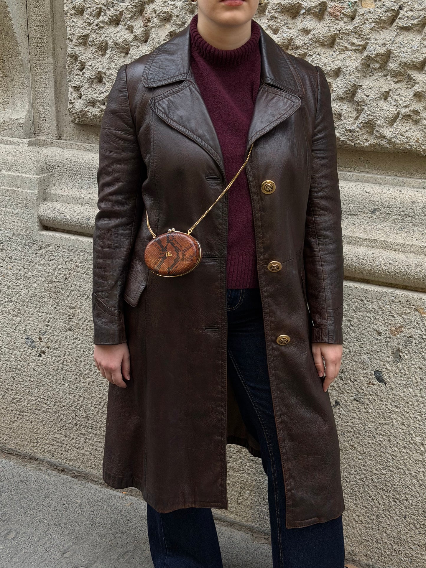 Vintage Dark Brown Leather Trench Coat Gold Toned Buttons