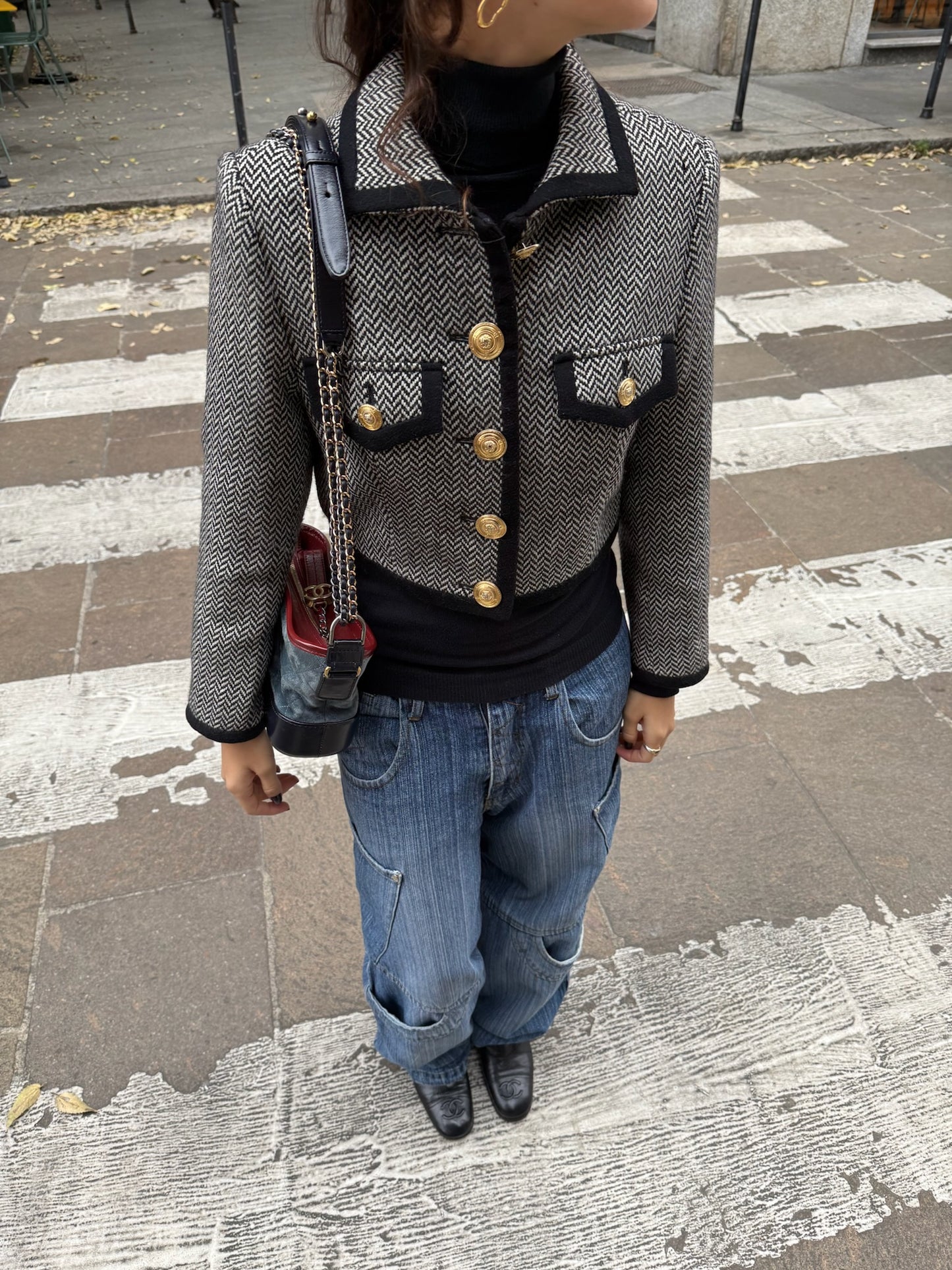 Versace B&W Chevron Vintage Short Blazer w/ Gold toned Buttons