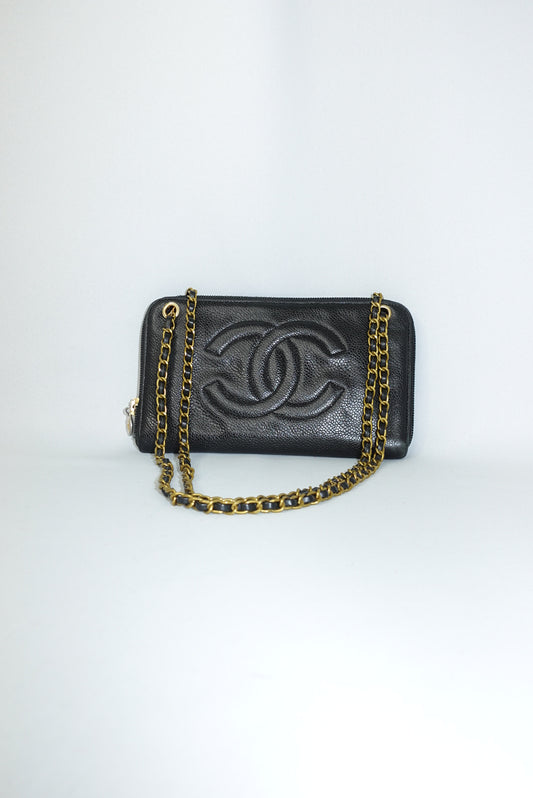 Chanel Re-Worked Vintage Black Zip Wallet With Chain