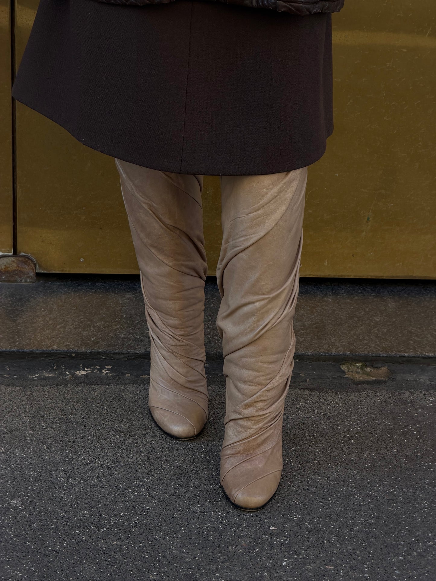 Margiela Draped  Knee-High Round Toe Beige Leather Boots