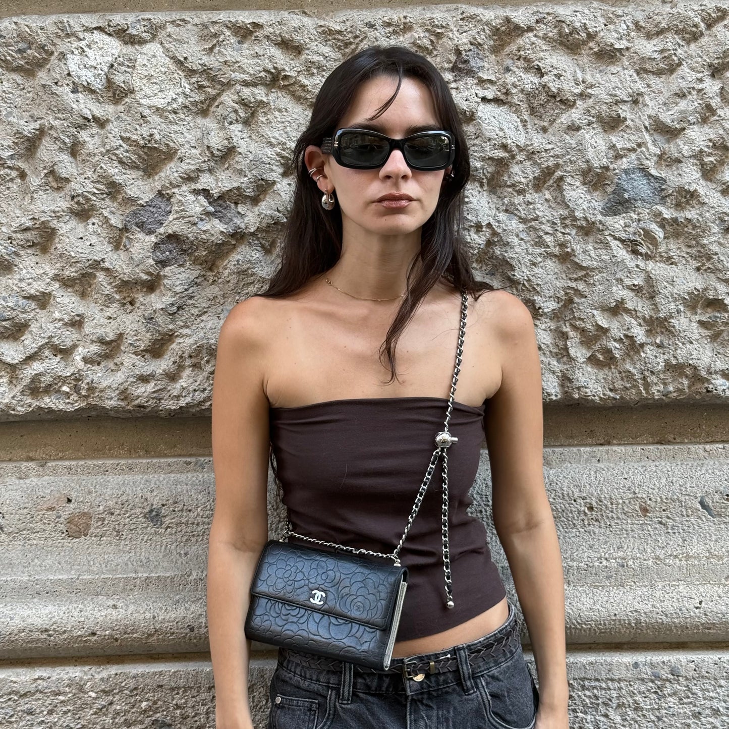 Chanel Black Flap Big Camelia Wallet On Chain