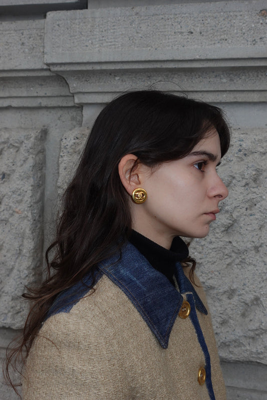Chanel Clip On CC Logo Circle Vintage Earrings 24k Gold plated
