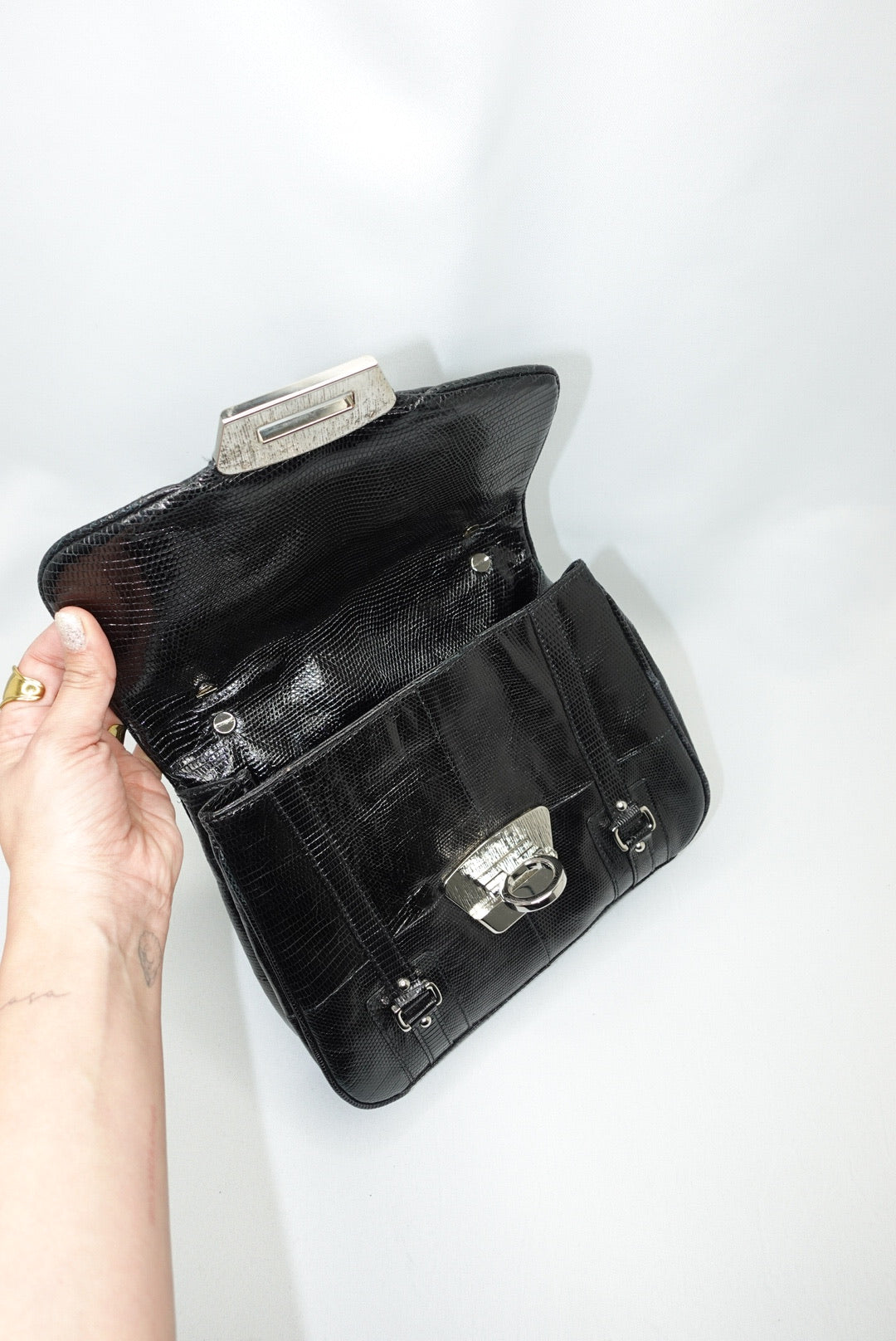 Salvatore Ferragamo Gancio Lock Black Leather Top Handle Bag Silver Hardware