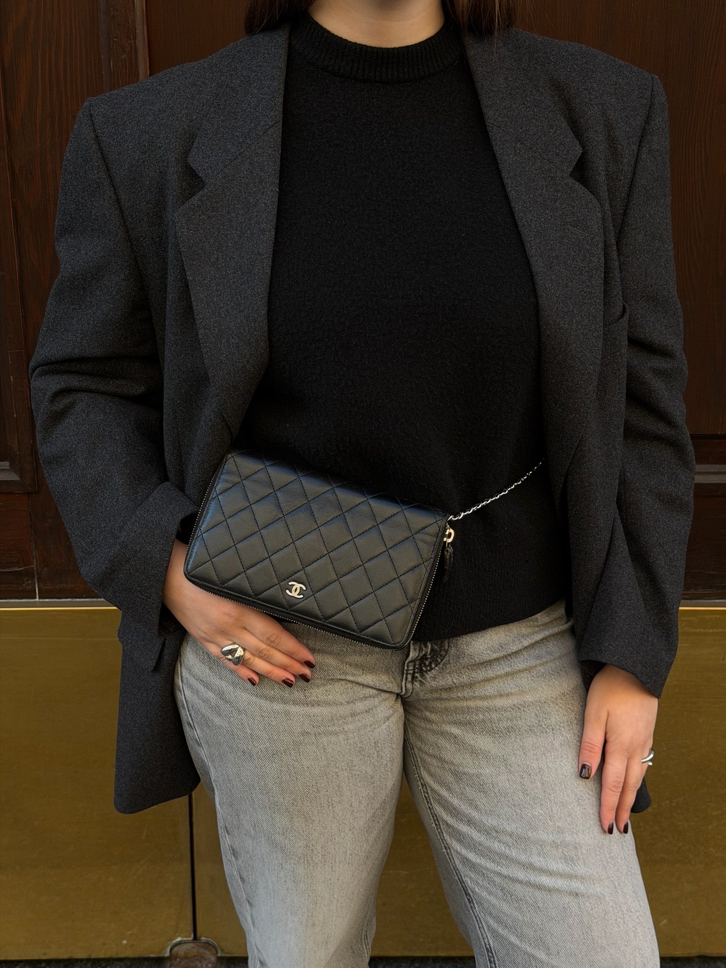 Chanel Timeless Re-Worked Zip Big Vintage Wallet with Chain Black