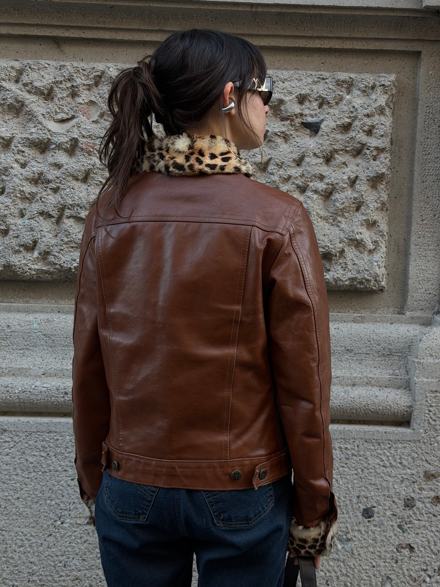 Caramel Leather Trucker Jacket With Fur Trims