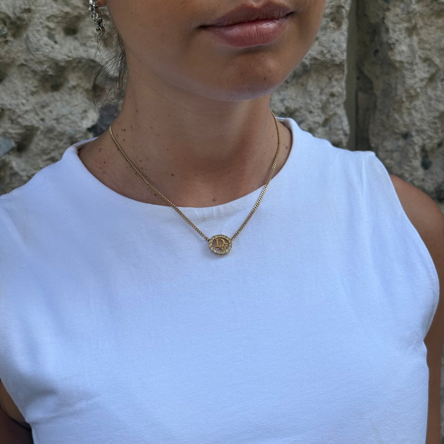 Christian Dior Gold-Tone Necklace with Crystals Logo Pendant