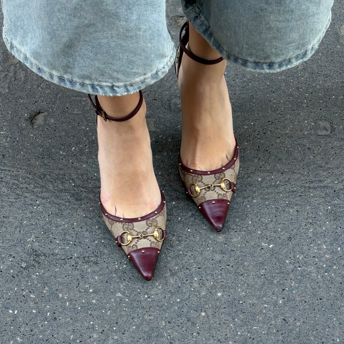 Gucci Monogram & Burgundy Horsebit Heels 37