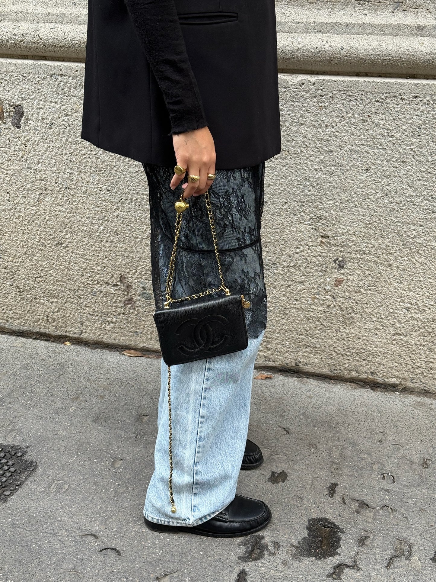 Re-Worked Chanel Black Zip CC Logo Small Vintage Wallet with Chain