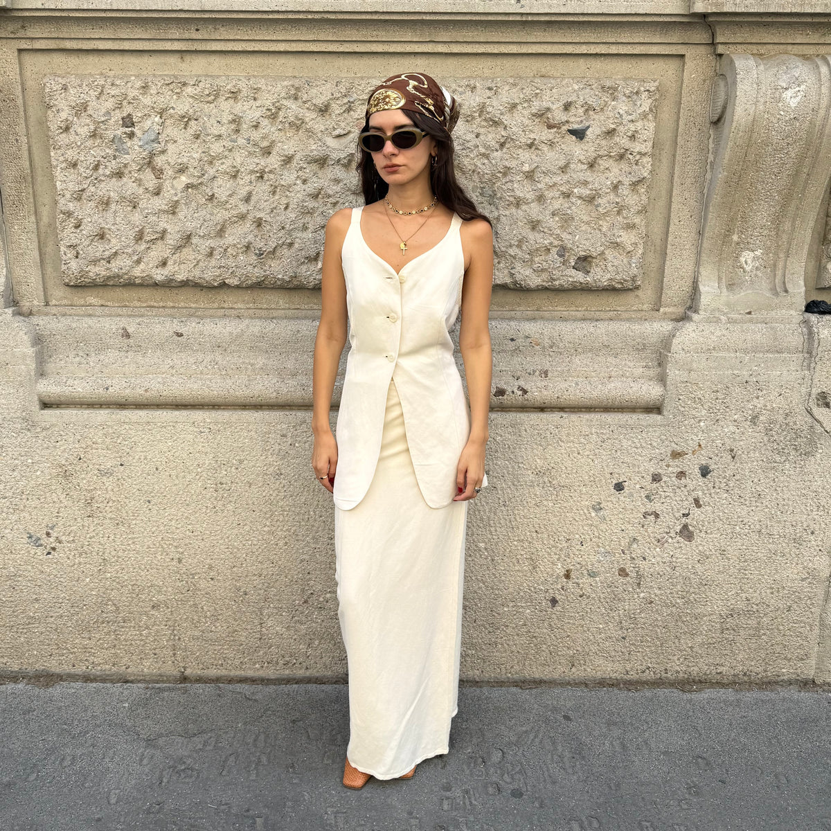 Cream Long Skirt & Gilet Set