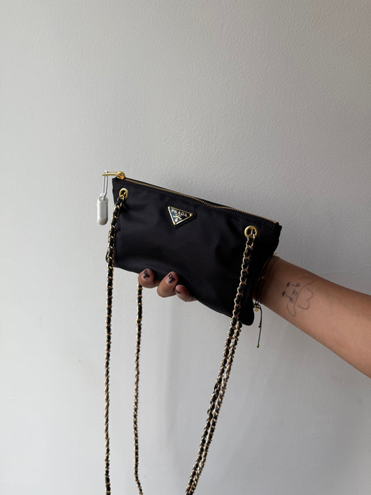 054. Re-Worked Prada Nylon Black and Gold Toned Chain Shoulder Bag