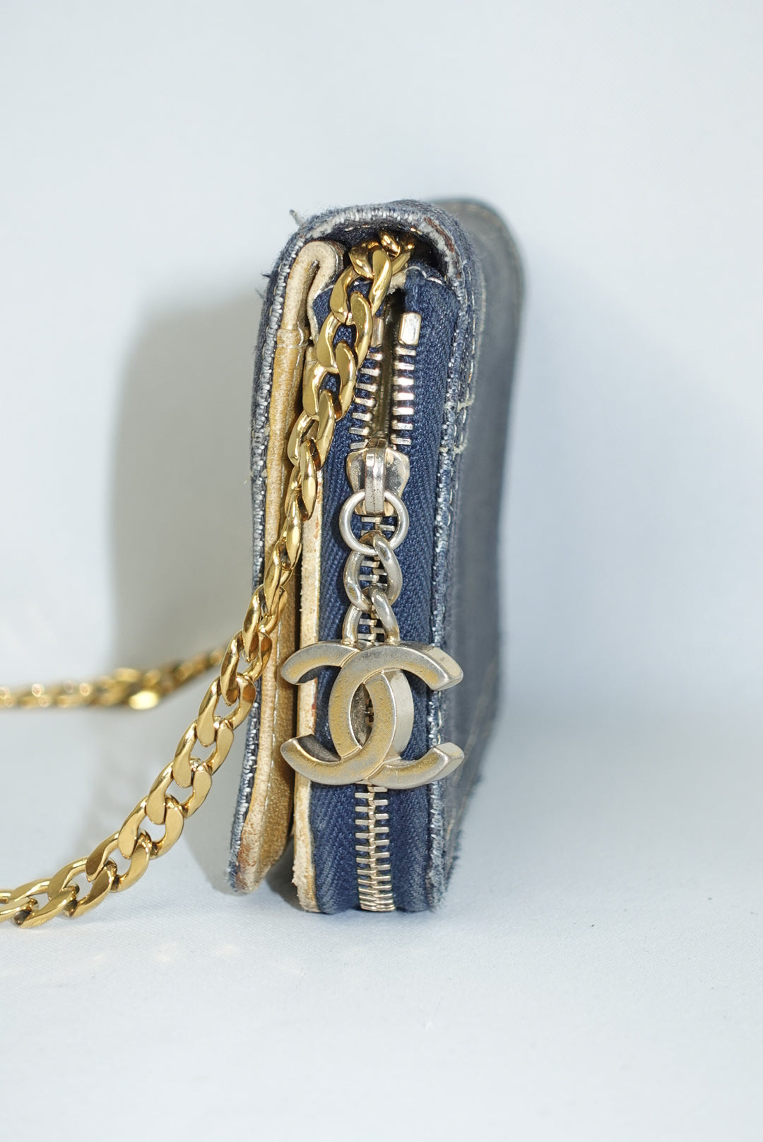 Chanel Vintage Reworked Denim CC Logo Wallet with Chain