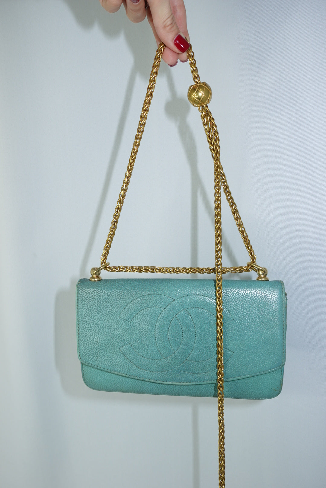 Chanel Flap Wallet With Chain Re-Worked Teal Caviar Calfskin with Gold-Tone Hardware