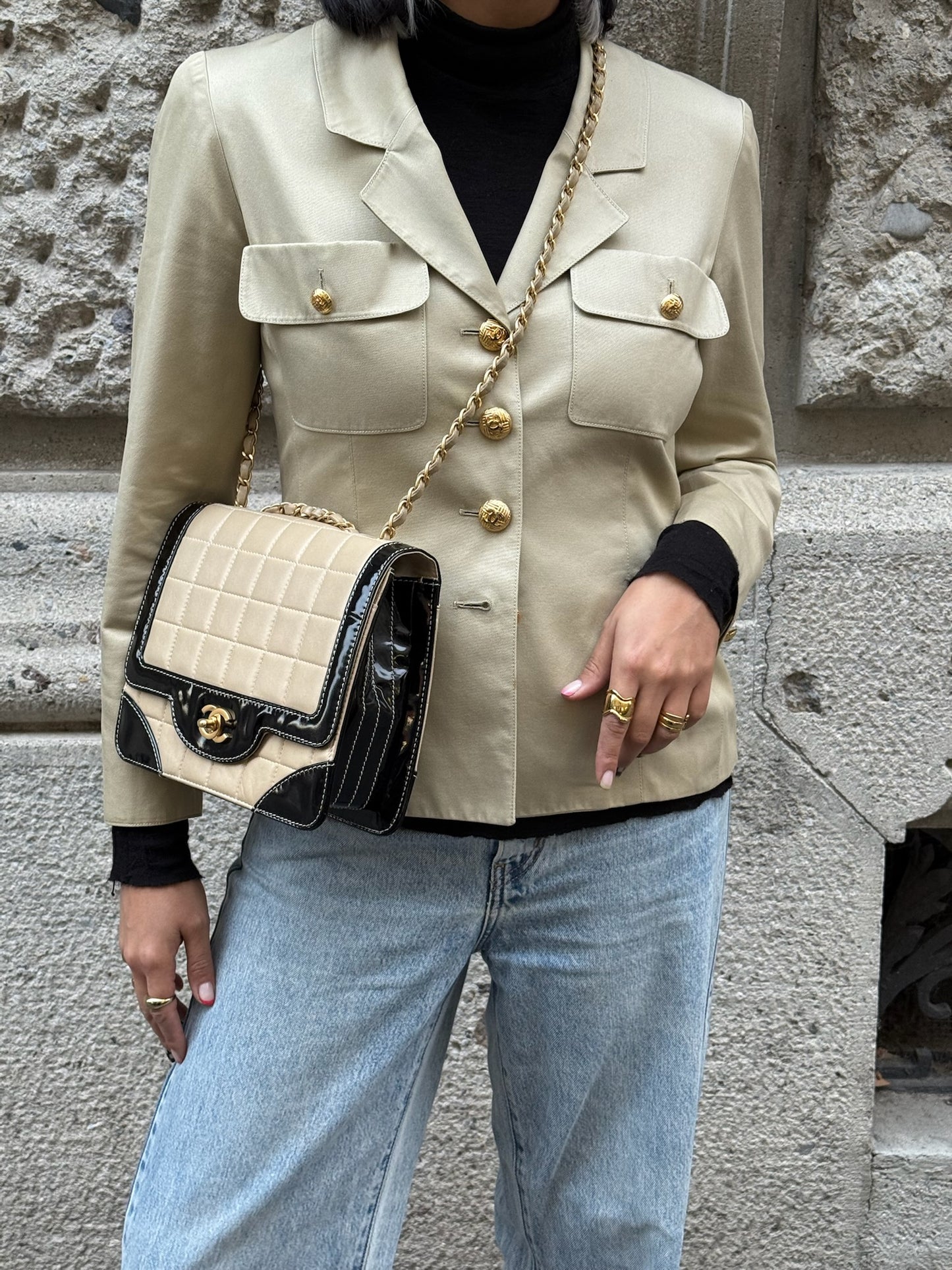 Chanel Vintage Timeless Classic Single Flap Black and Cream