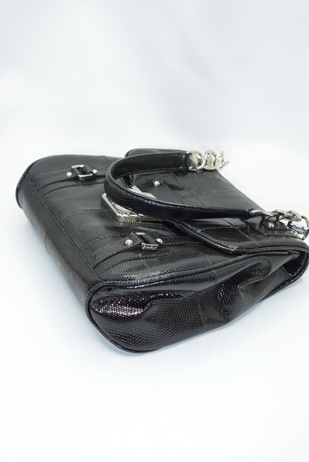 Salvatore Ferragamo Gancio Lock Black Leather Top Handle Bag Silver Hardware