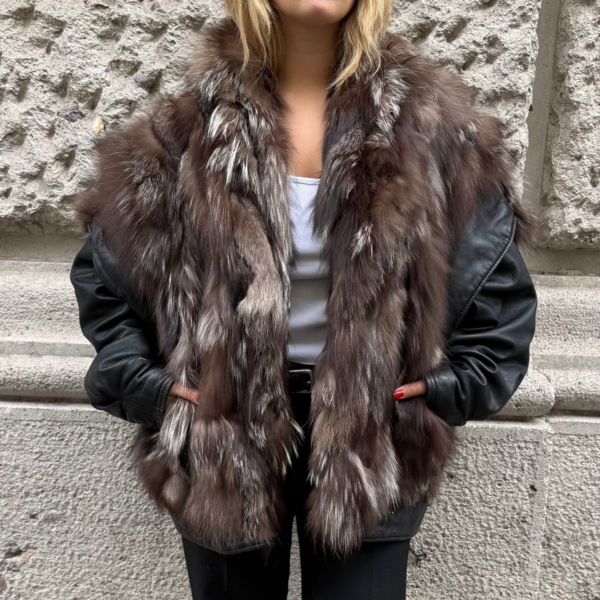 Vintage Fox Fur & Black Leather Bomber