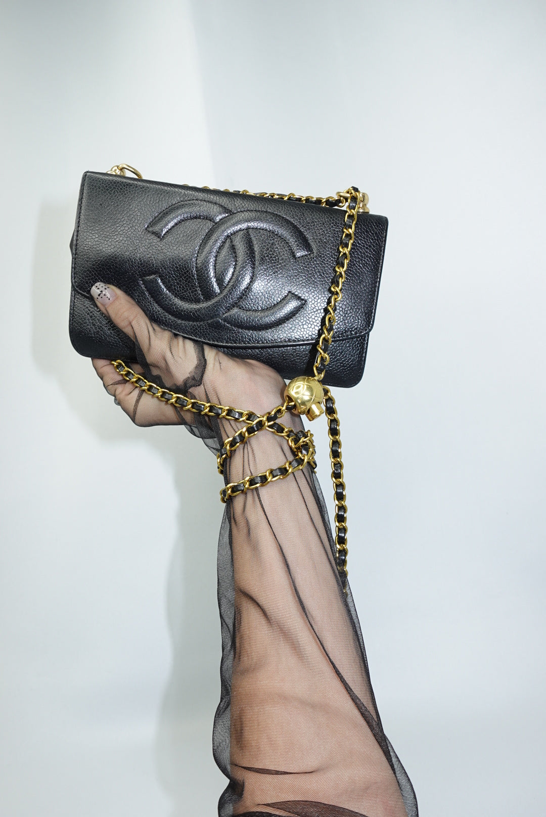 Chanel Re-Worked Vintage Flap Wallet With Chain Black Caviar CC logo