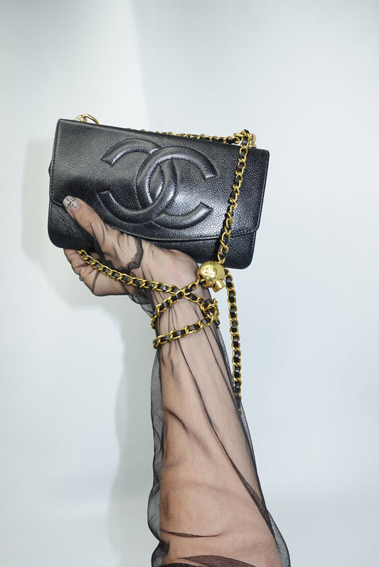 Chanel Re-Worked Vintage Flap Wallet With Chain Black Caviar CC logo