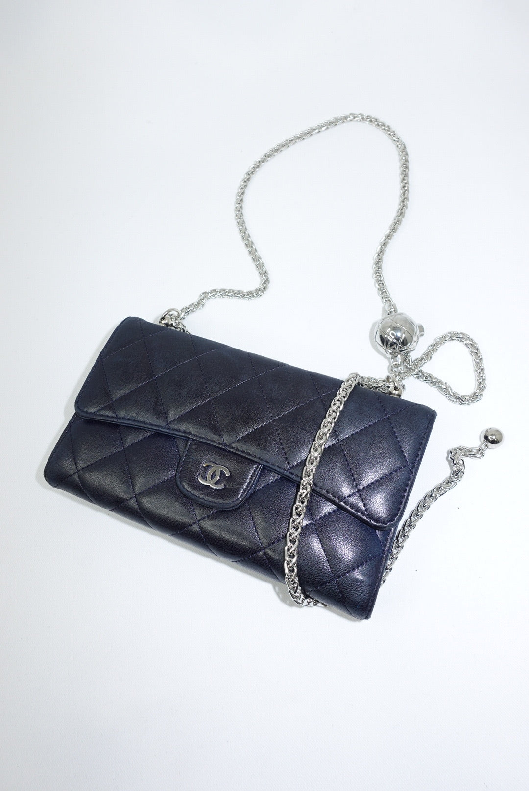 Re-Worked Chanel Timeless Trifold Vintage Navy Wallet with Chain