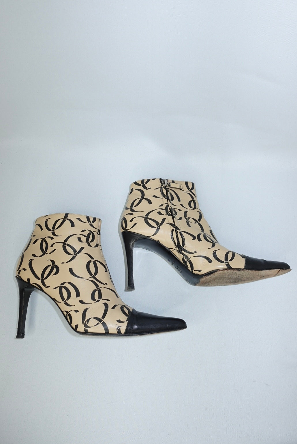 Chanel Vintage CC Logo Print Beige and Black Heeled Pointed Toe Ankle Boots