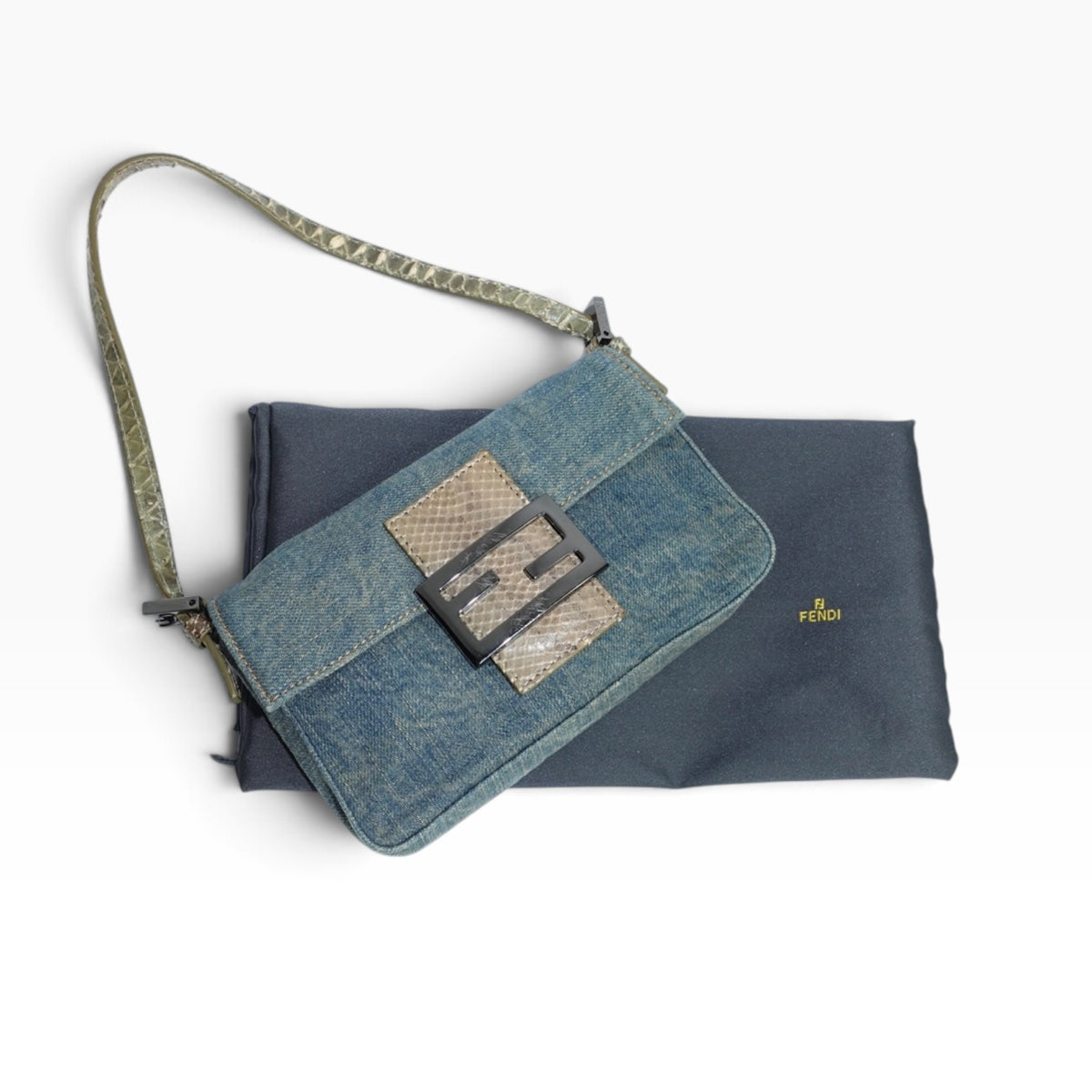 Fendi Denim Mini Baguette Bag with Snakeskin Details