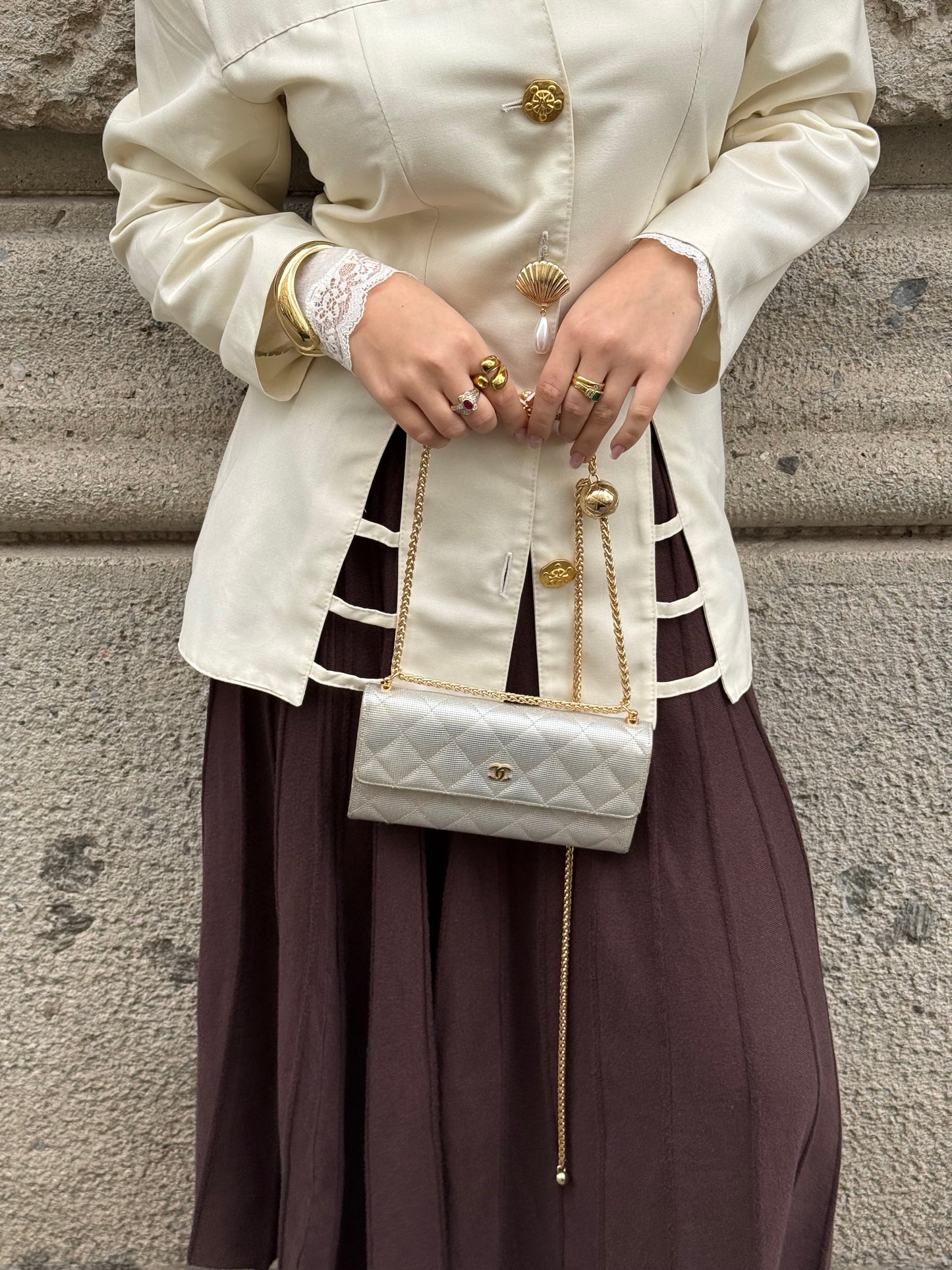 Chanel Re-Worked Timeless Flap Silver and Gold Vintage Wallet w/Chain