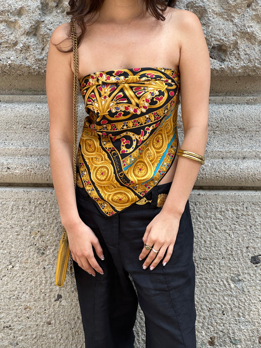 150. Christian Dior Vintage Gold and Black Pattern Scarf