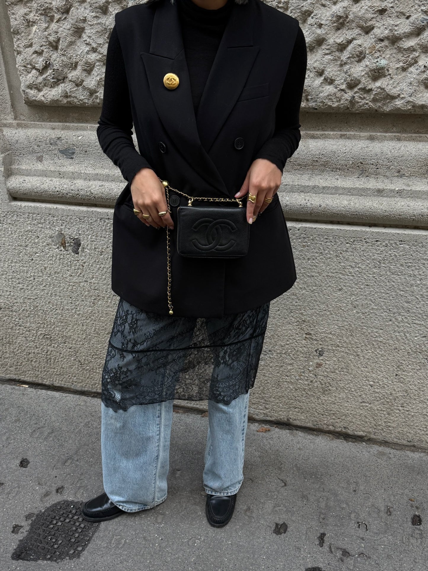 Re-Worked Chanel Black Zip CC Logo Small Vintage Wallet with Chain