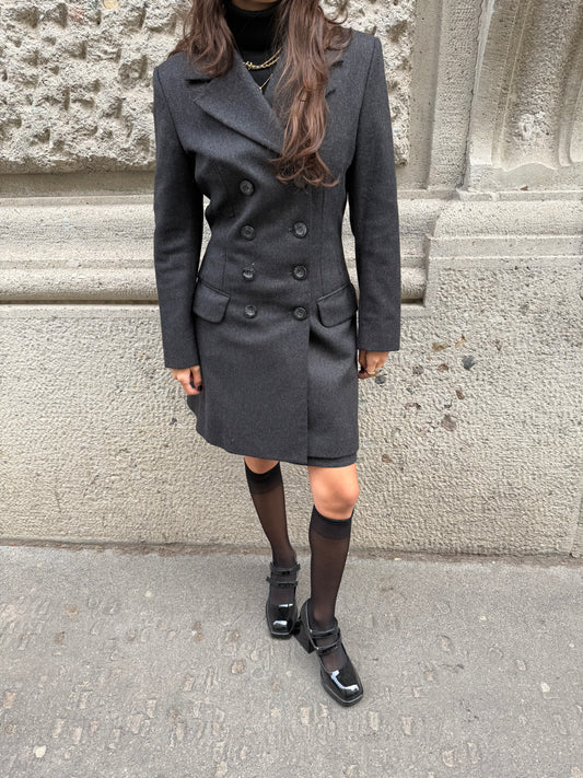 Dolce & Gabbana Vintage Dark Grey Wool Double-Breasted Blazer and Skirt Set