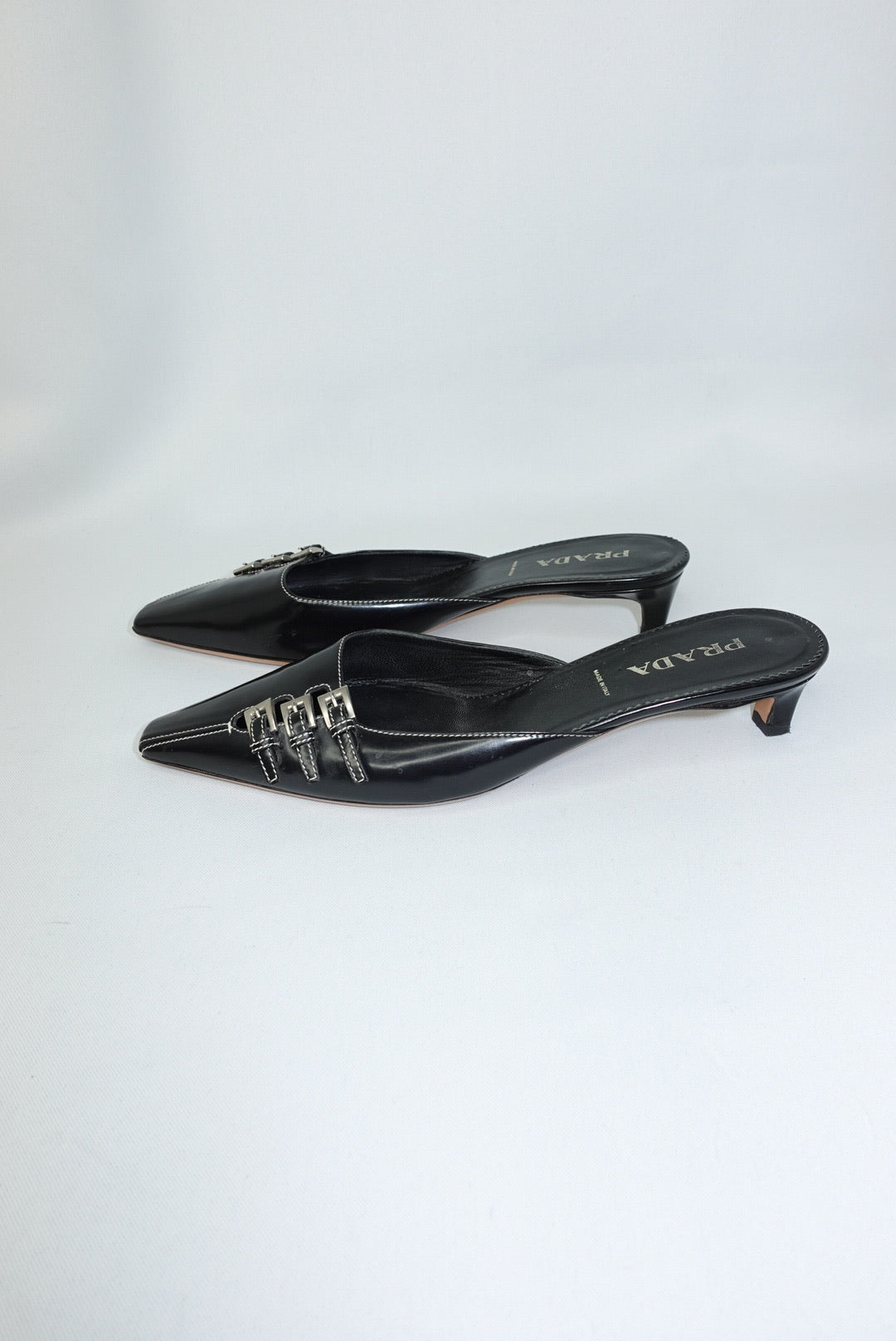 Prada Black Leather Kitten Heel Mules 38.5