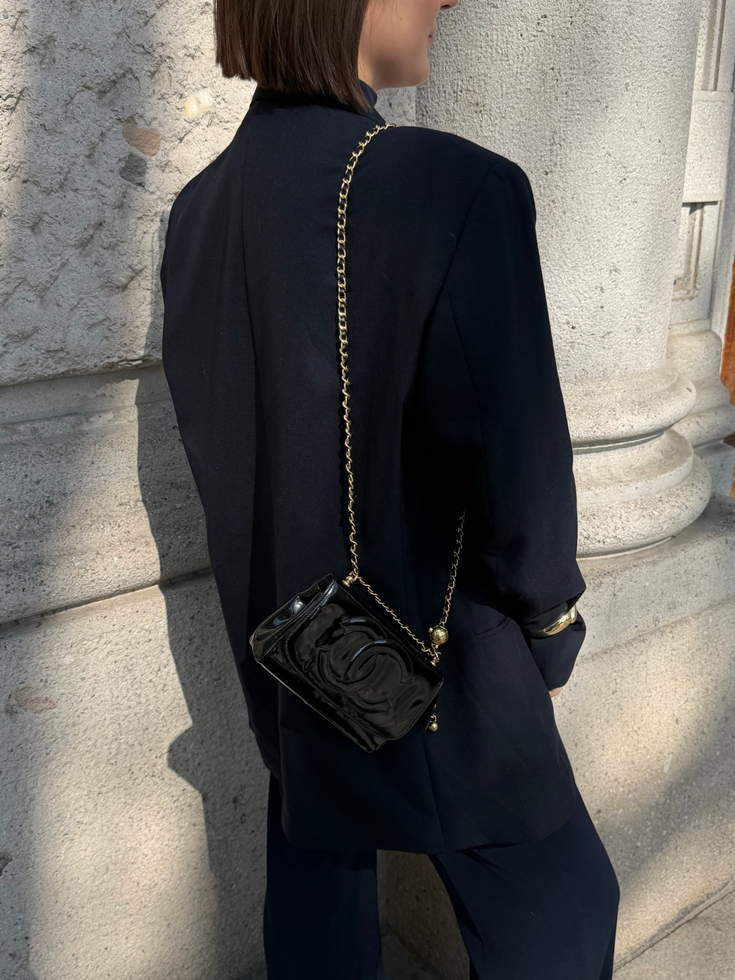 Chanel Re-Worked CC Flap Vintage Black Patent Leather Wallet w/ Chain