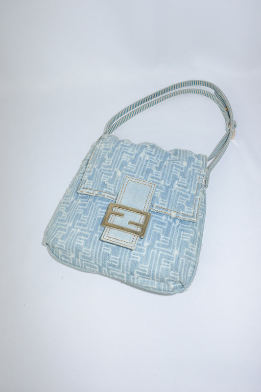 Fendi Zucca Vintage Denim Long Baguette Crossbody Bag