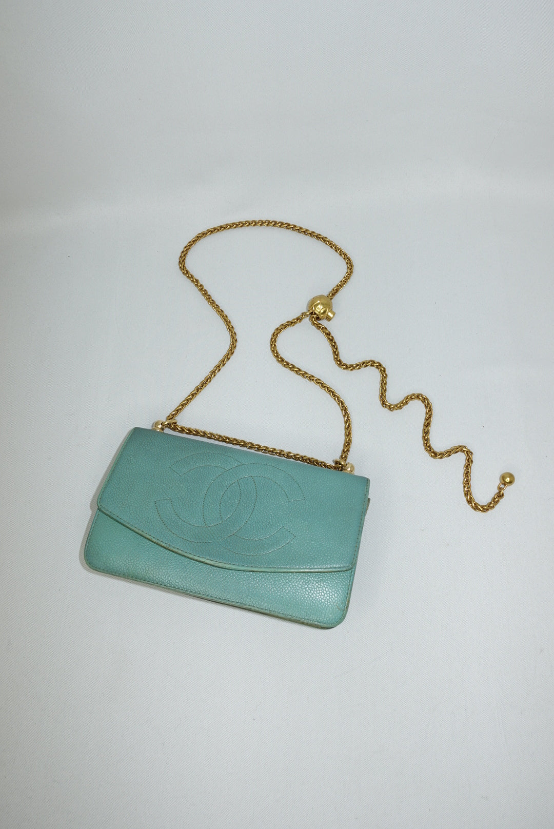 Chanel Reworked Vintage Wallet With Chain Teal Caviar Leather Embroidered CC Logo