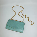 Chanel Reworked Vintage Wallet With Chain Teal Caviar Leather Embroidered CC Logo