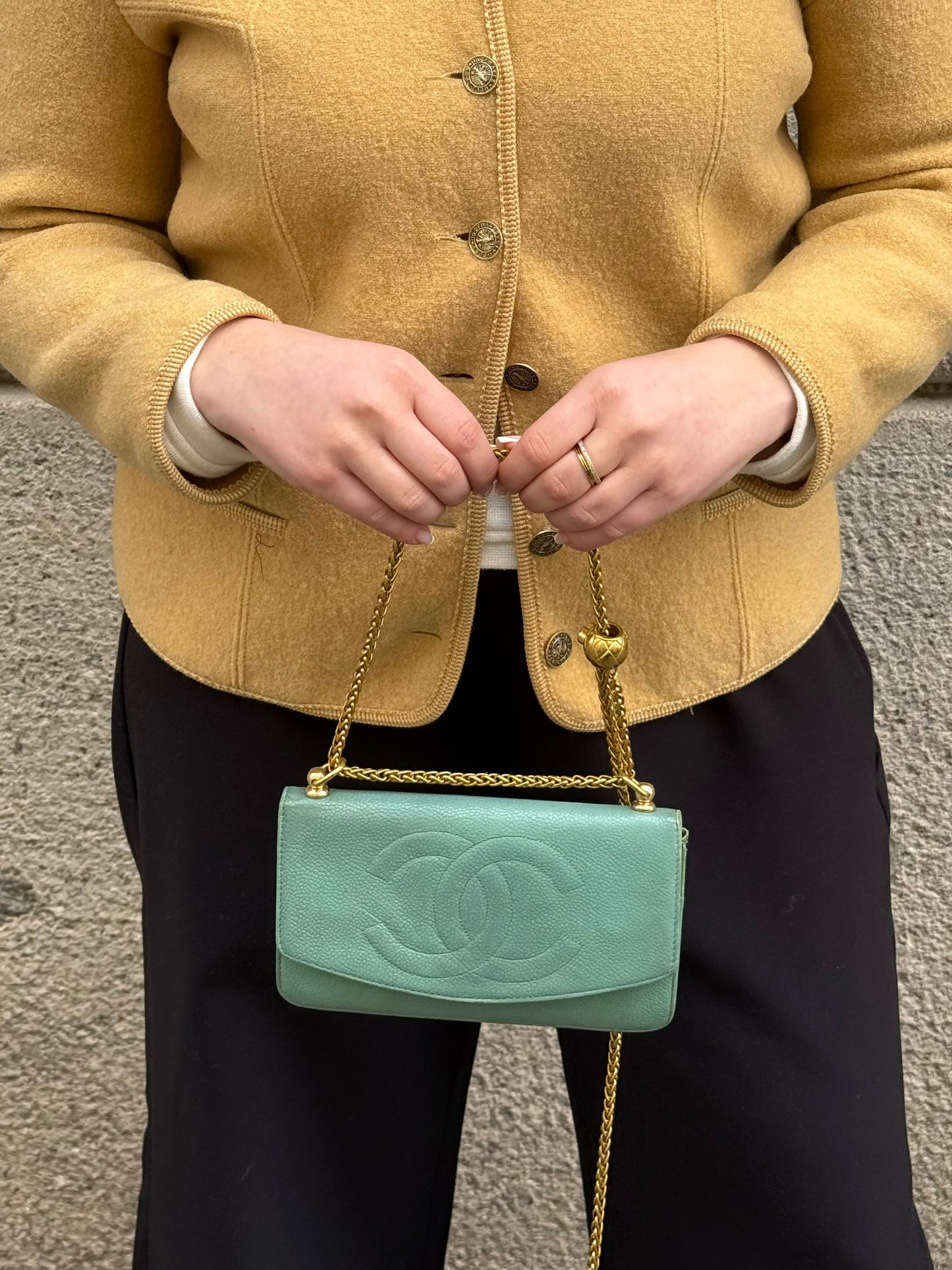 Chanel Re-Worked Flap Teal CC logo Vintage Wallet with Chain