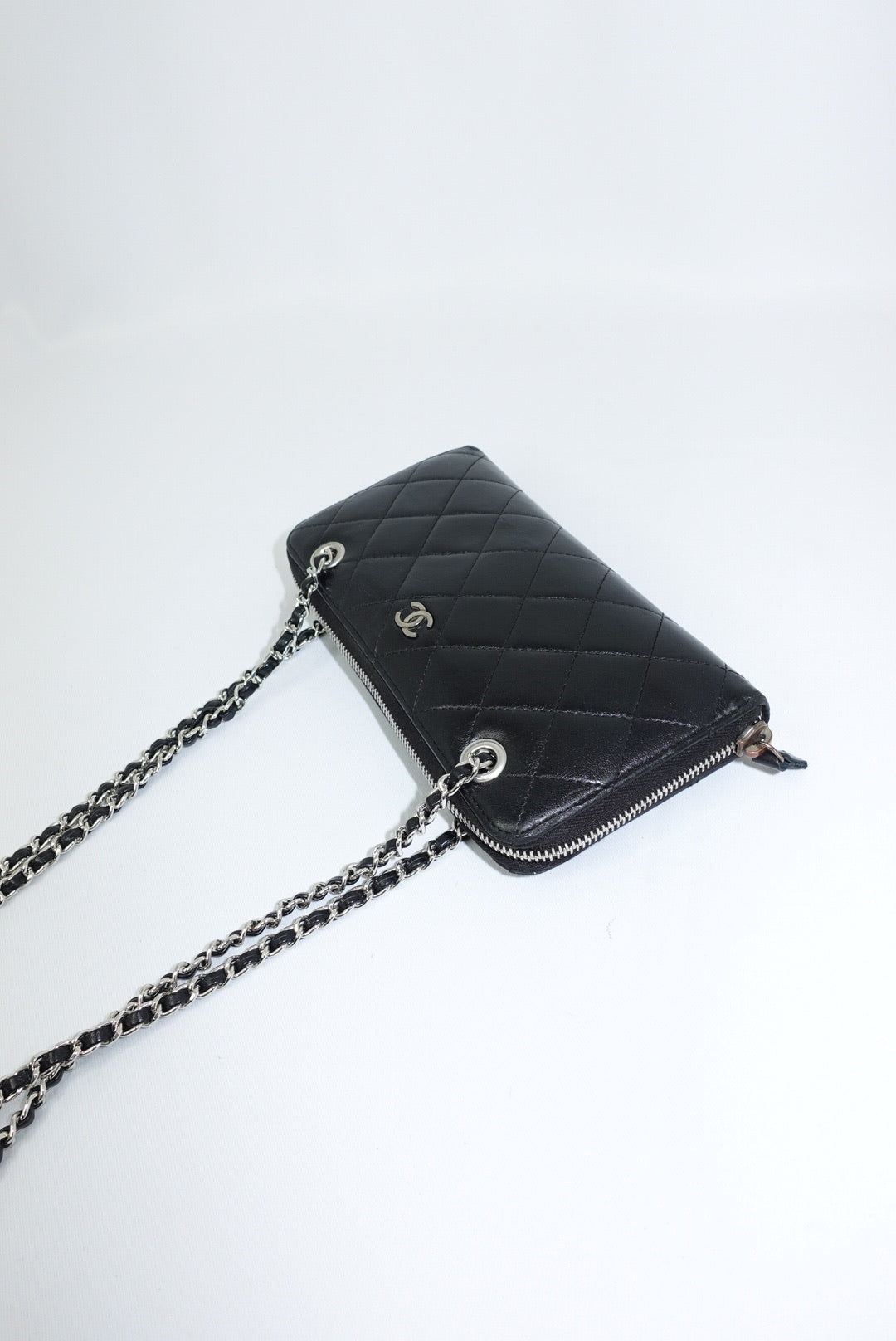 Re-Worked Chanel Timeless Zip Black Vintage Wallet with Chain