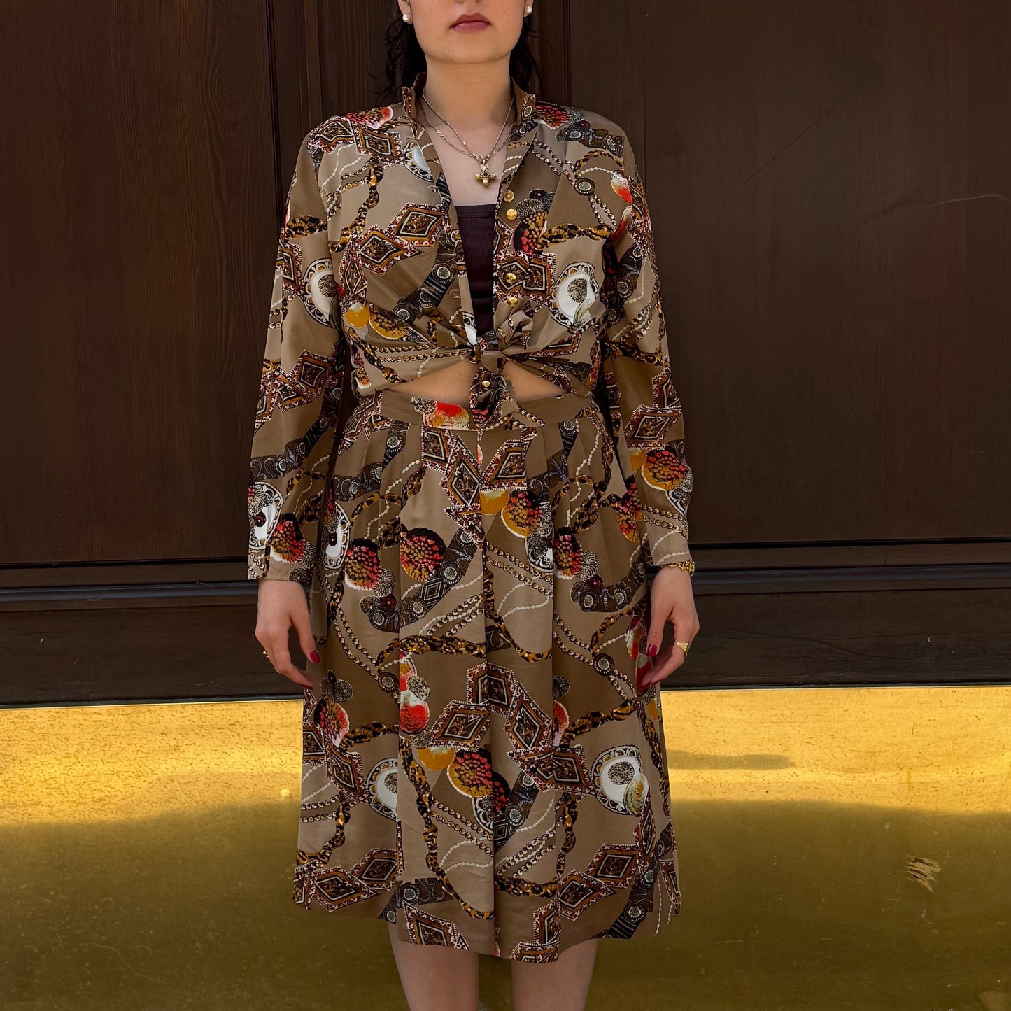 Light Brown Printed Shirt and Skirt Set