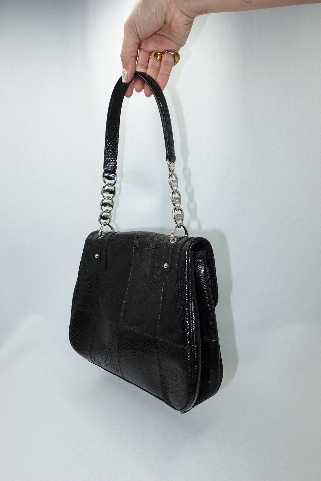 Salvatore Ferragamo Gancio Lock Black Leather Top Handle Bag Silver Hardware