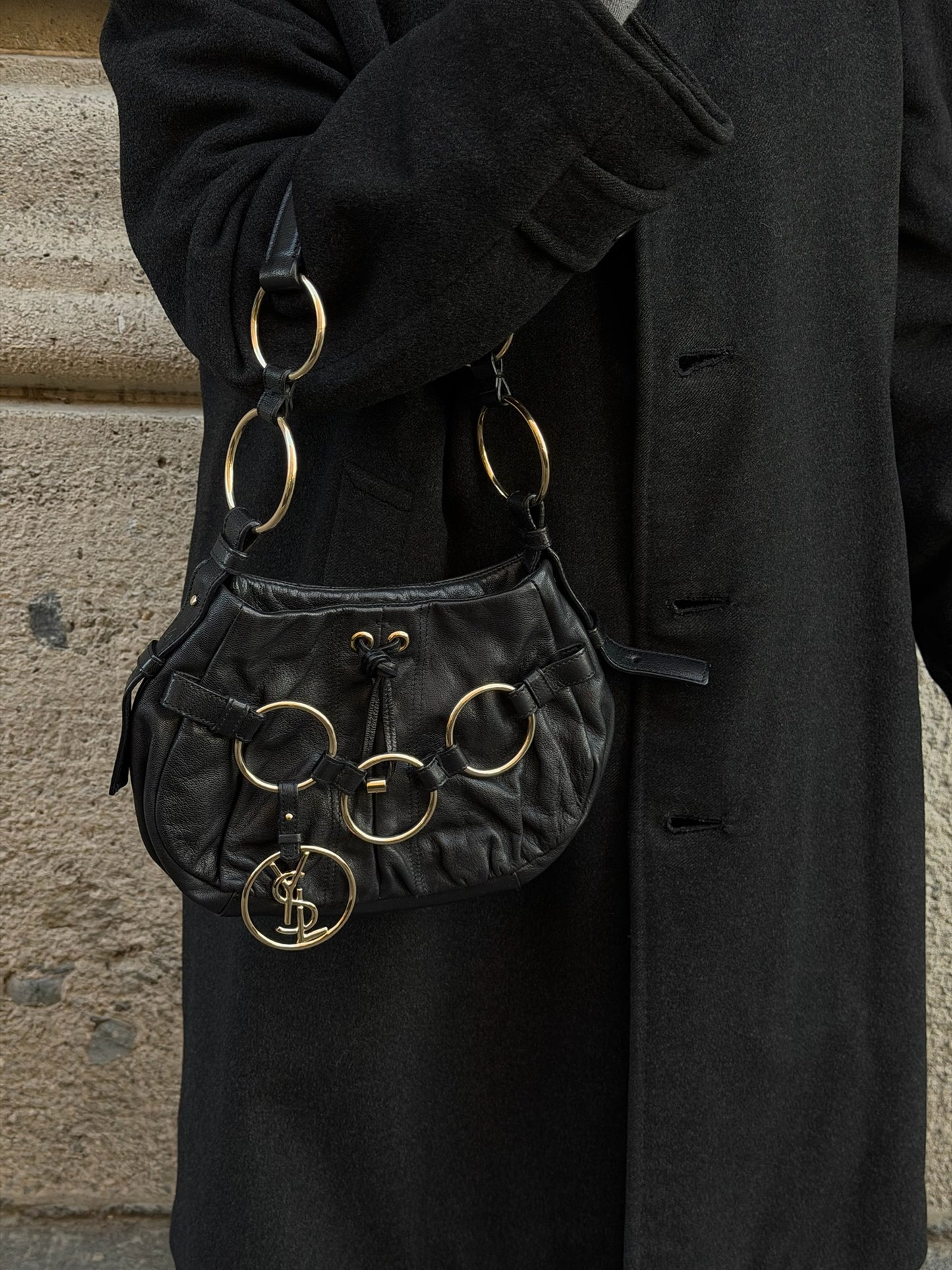 Yves Saint Laurent Black Leather Saharienne Vintage Bag w/ Logo Charm