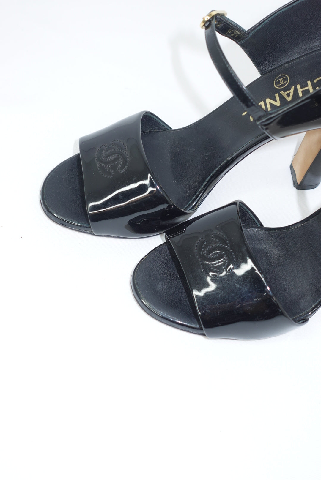 Chanel Vintage Black Patent Slingback Heel Sandals 38