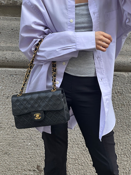 155. Chanel Vintage Timeless Classic 23 Double Flap Black Full Set