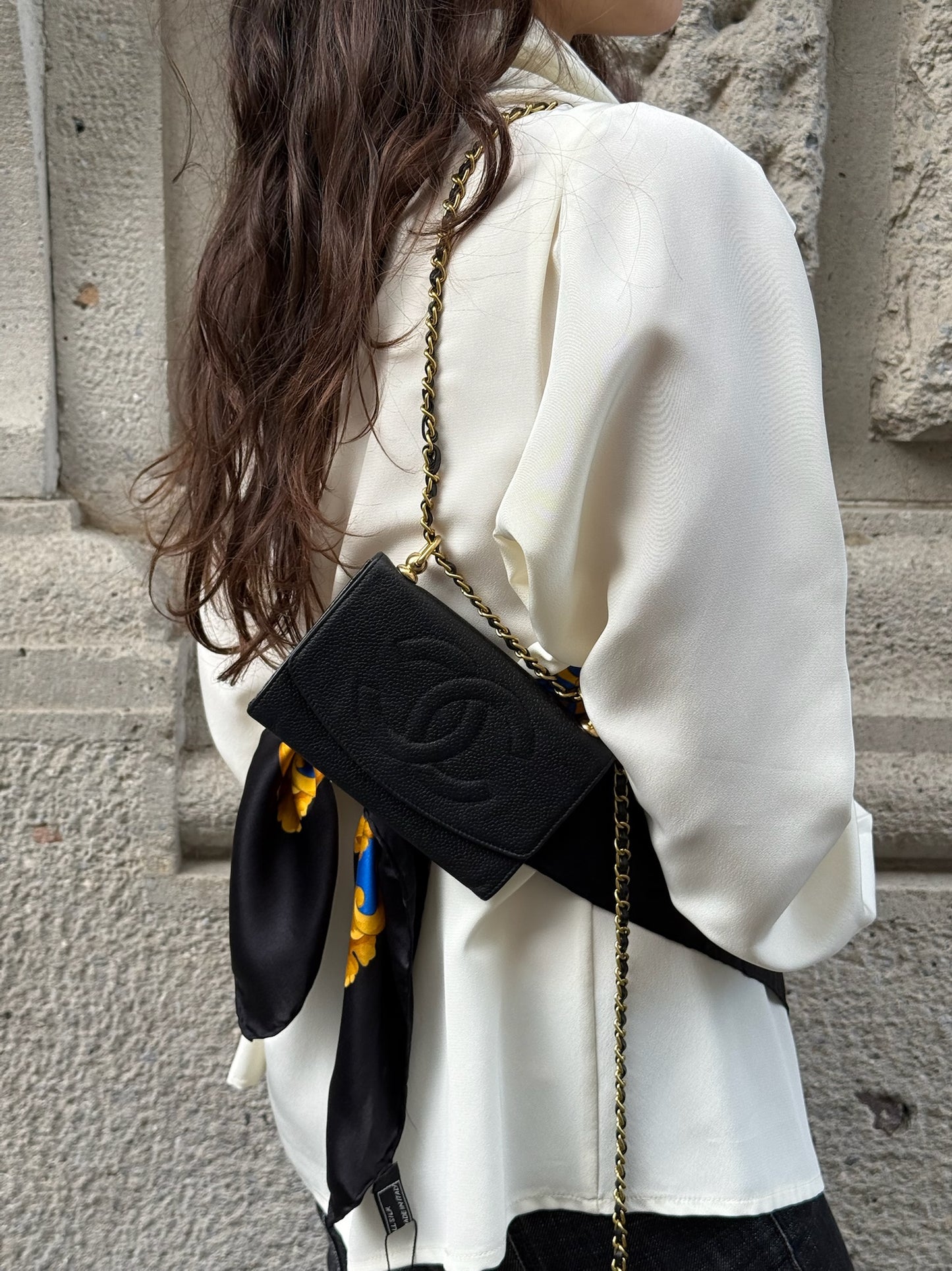 126. Re-Worked Chanel Medium Black Caviar Leather W.O.C.