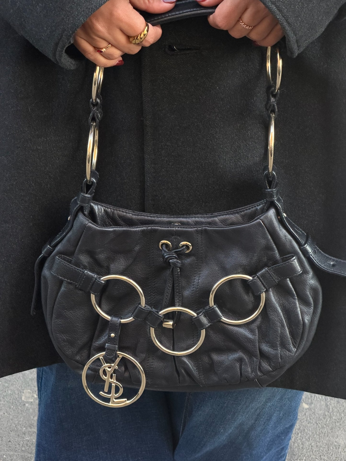 Yves Saint Laurent Black Leather Saharienne Vintage Bag w/ Logo Charm