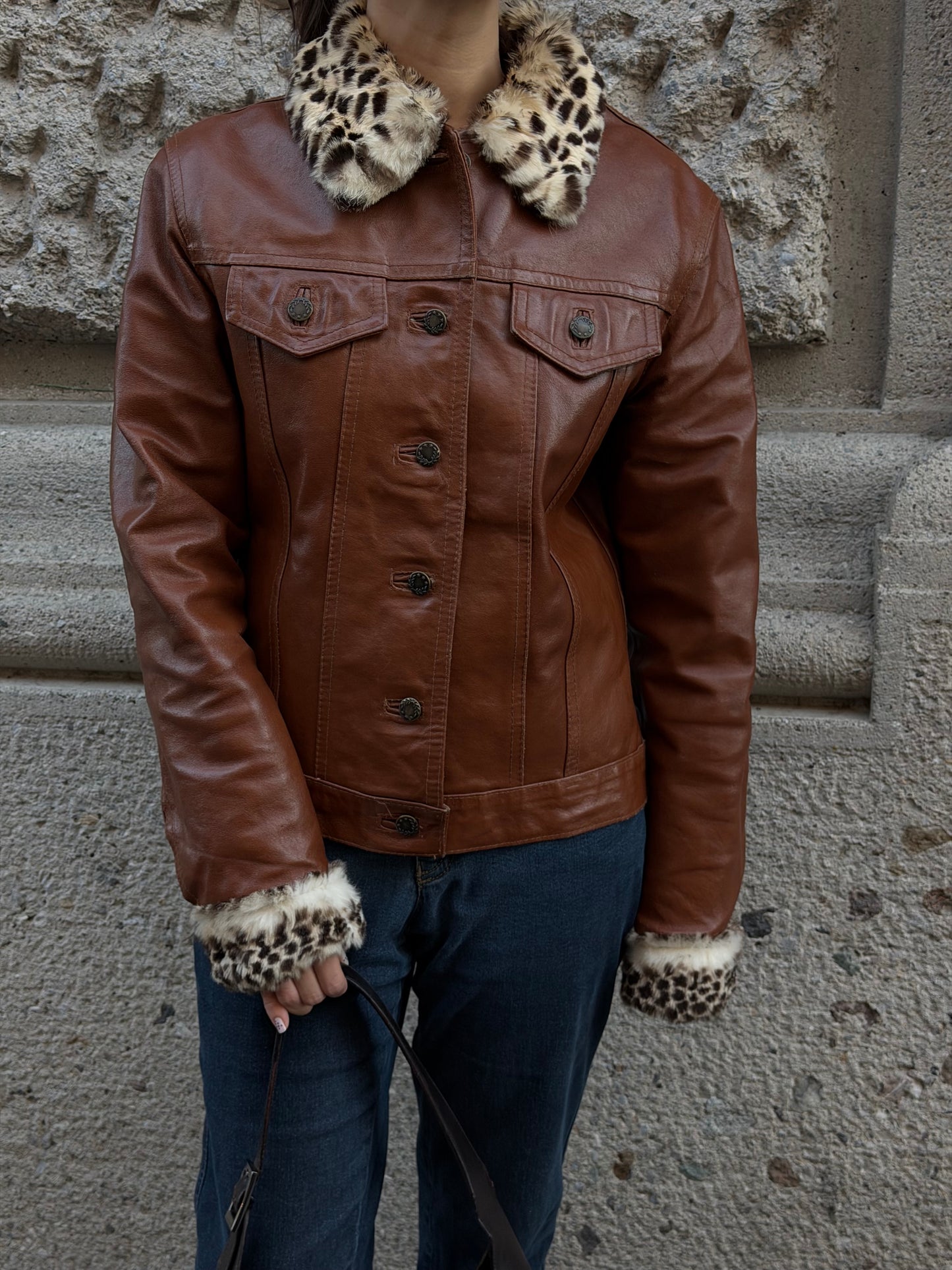 Caramel Leather Trucker Jacket With Fur Trims
