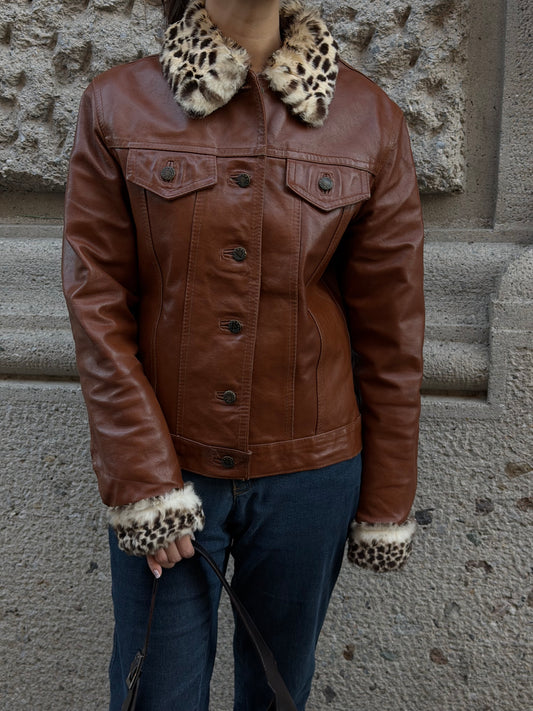 Caramel Leather Trucker Jacket With Fur Trims