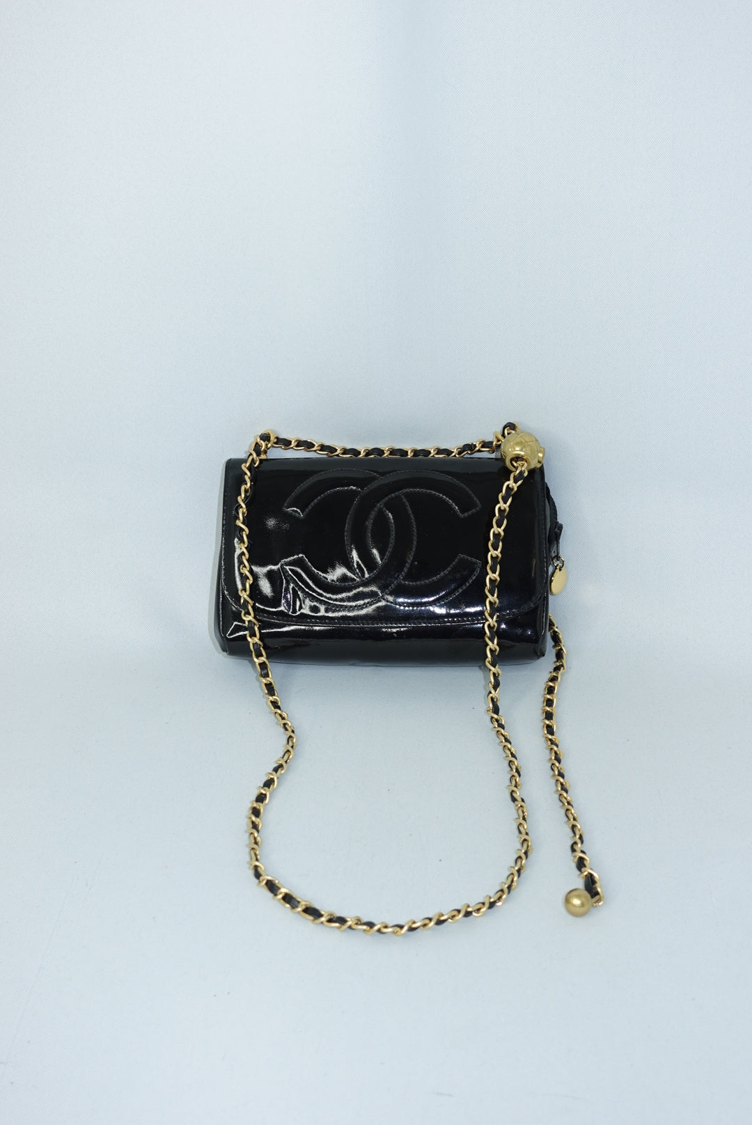 Chanel Re-Worked CC Flap Vintage Black Patent Leather Wallet w/ Chain