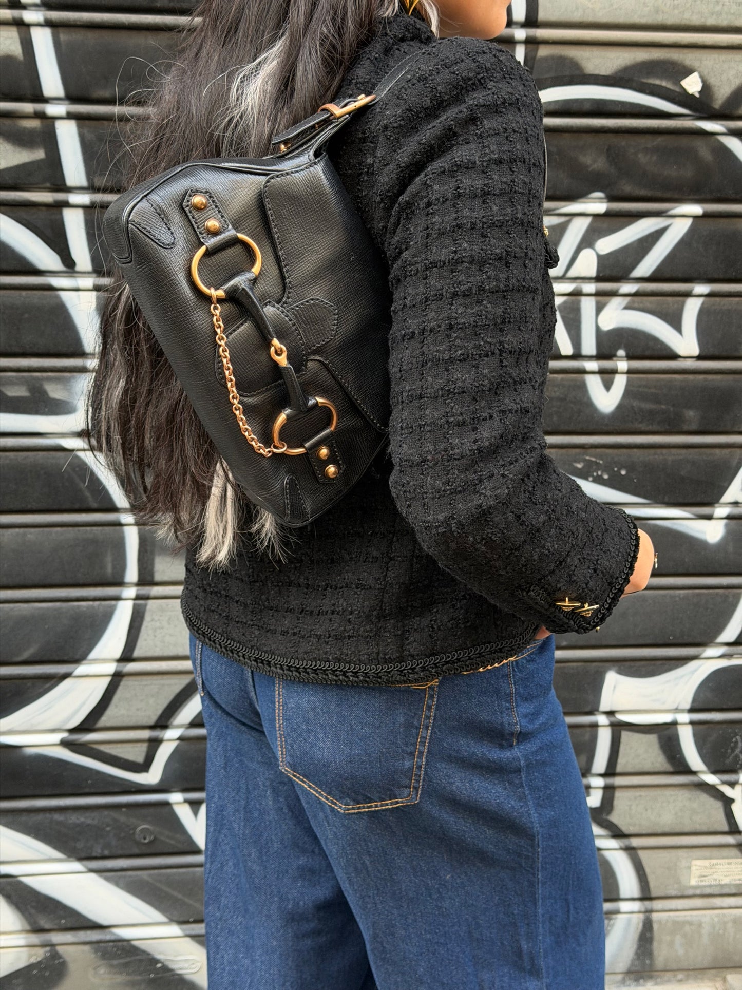 Gucci Vintage Horsebit Shoulder Bag in Black Leather