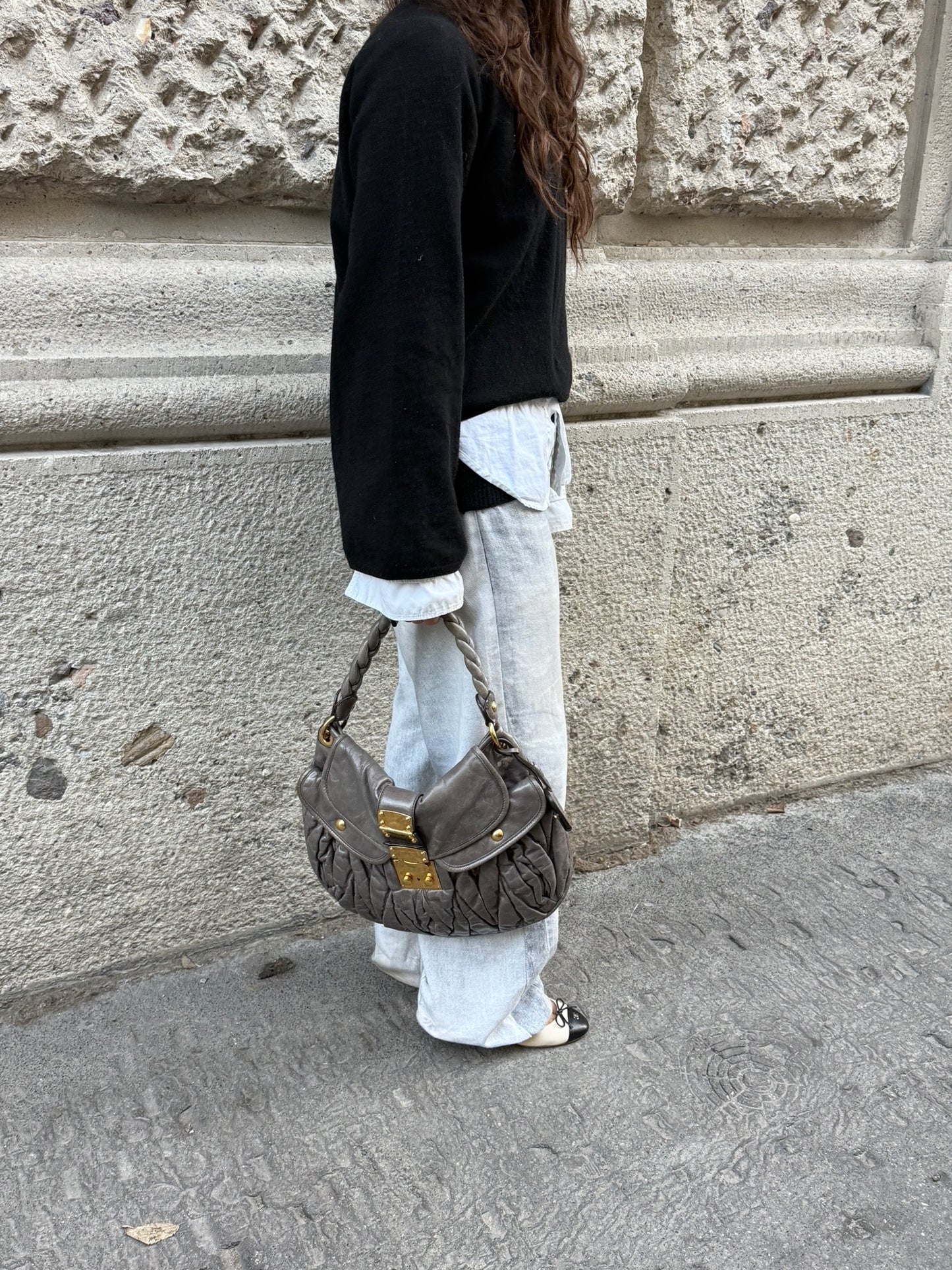 Miu Miu Vintage Gray Matelassé Coffer Shoulder Bag